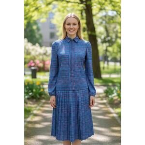 Vintage California Girl 70s Blue Pleated Dress Long Sleeve Retro Boho Size  8